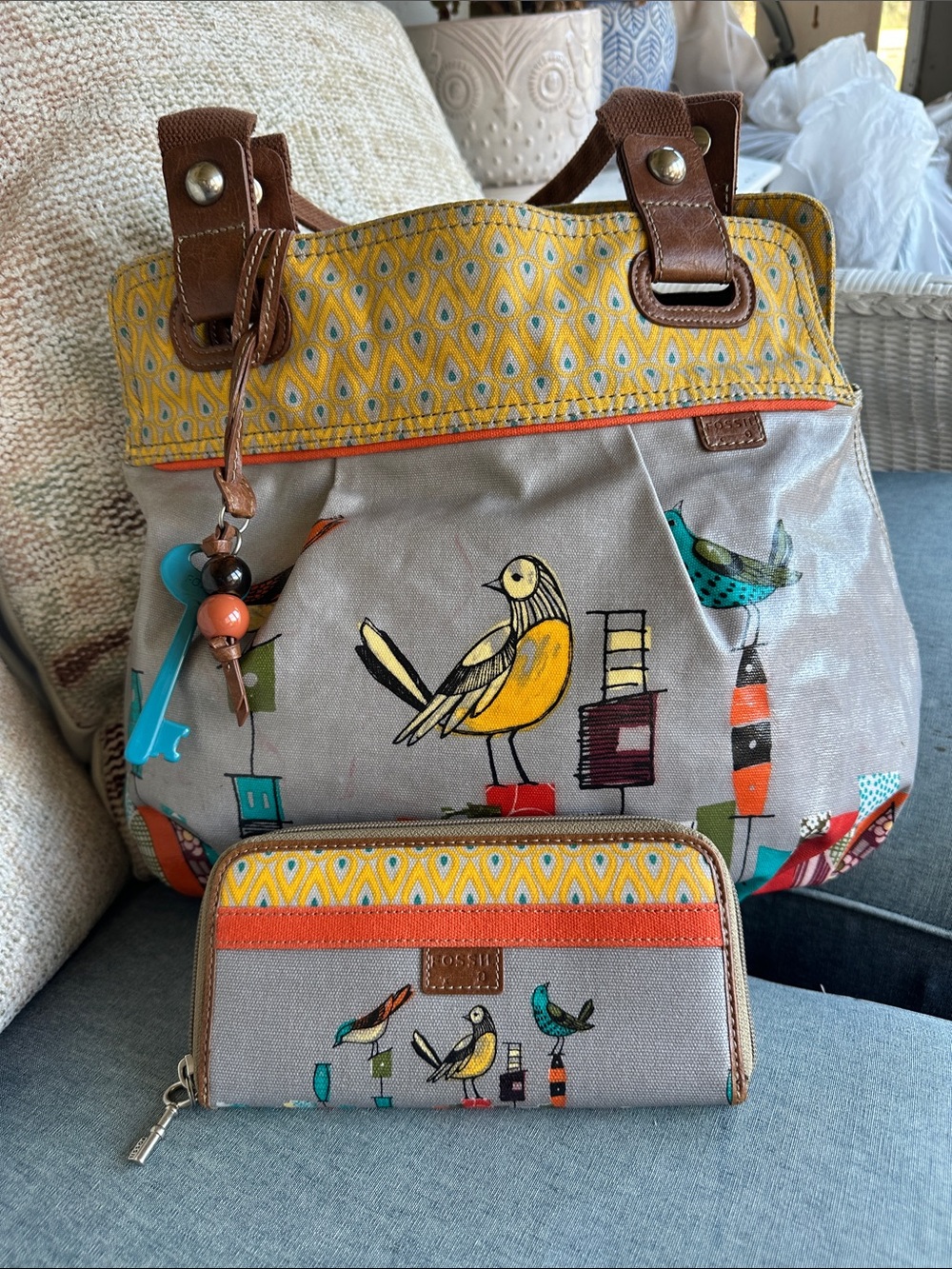 Fossil Gray coated canvas Tote & Wallet Set with Yellow Bird Print